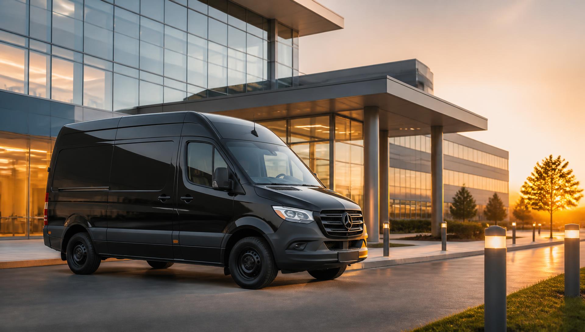 Black Sprinter cargo van transporting healthcare shipments at a modern medical campus